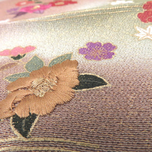 刺繍半衿 カーキ 茶 金ラメ 花 花刺繍 正絹 半襟 カジュアル用 振袖用 和装小物 長さ117.5cm 未使用品