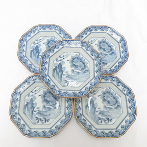 Kutani ware dishes Kutani Ako dyeing octagonal plate set dish small dish 5 -piece flower bird crest