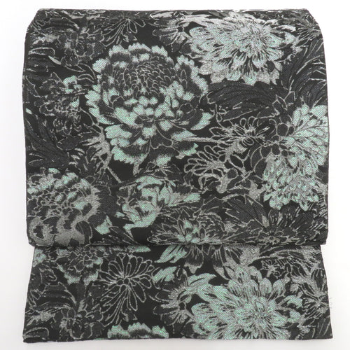 Bag Sleeping Flower Pattern Black Land Green / Silver Six Pattern Polyester Formal Tailored Kimono Monotone FREEK Length 460cm