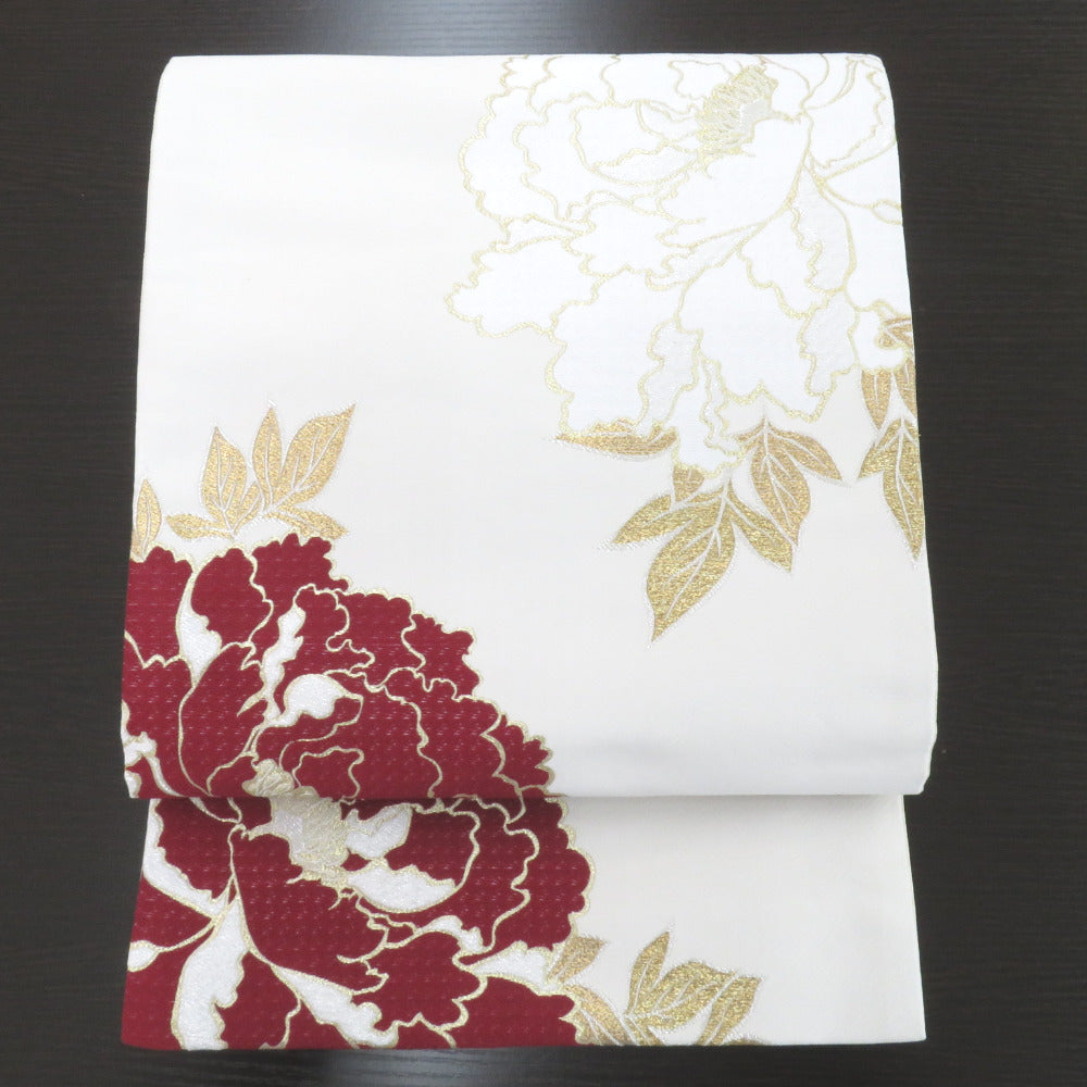 振袖 袋帯 単品「白地、銀×灰色 丸に花紋」日本製 お仕立て