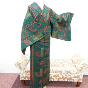 ウール着物 単衣 緑 赤 紺 薄茶 縞 扇子 格子 絣模様 バチ衿 カジュアルきもの 普段着物 仕立上がり   身丈158cm