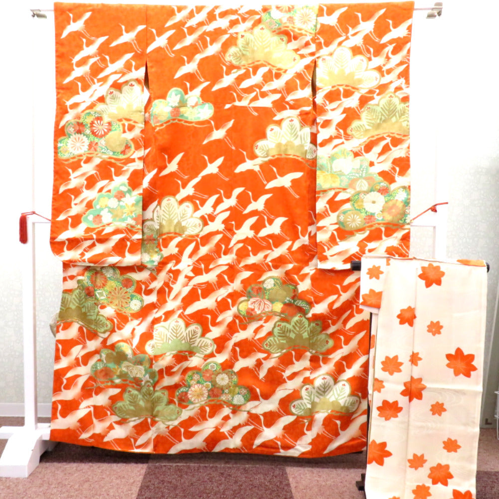 振袖 襦袢付き アンティーク着物 昔 袷 正絹 広衿 オレンジ 白 金 緑