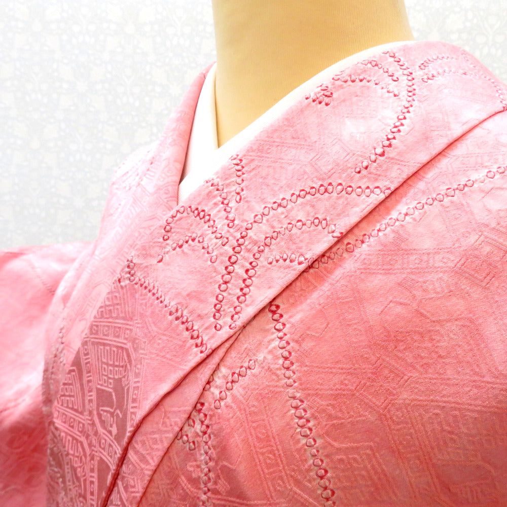 小紋 普段きもの 袷 ピンク 赤 白 ムラ染め 有栖川文様 鹿 絞り 裂取り