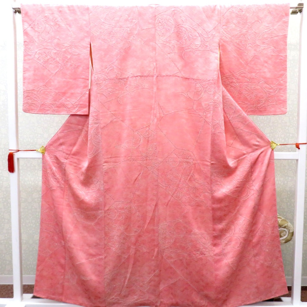 小紋 普段きもの 袷 ピンク 赤 白 ムラ染め 有栖川文様 鹿 絞り 裂取り