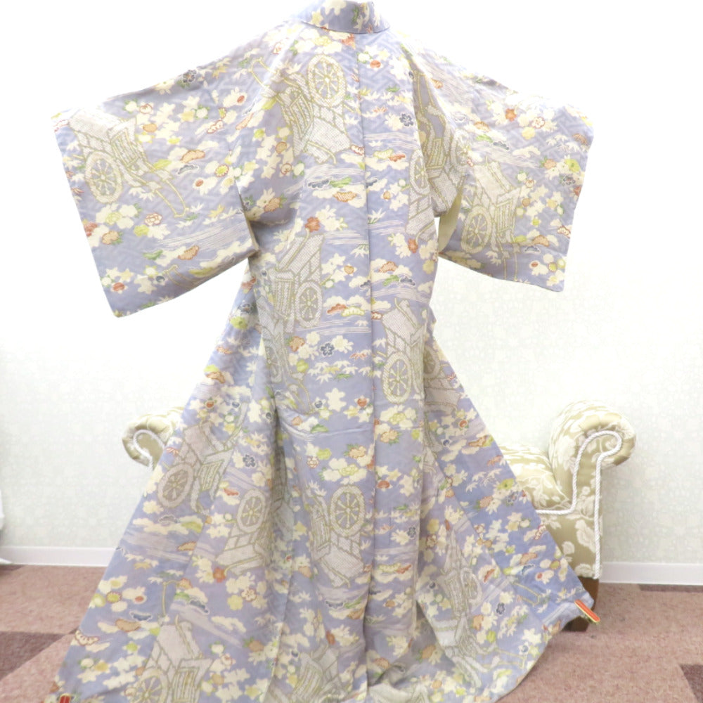 Antique old kimono Kimon gray white golden tea Konjin blue greenery carrot flower floral, lined lined brown collar silk retro Meiji, Taisho romance 151cm