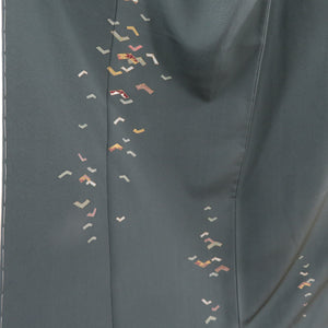 訪問着 刺繍 箔 結び文様 灰緑色 袷 広衿 正絹 一つ紋 仕立て上がり 身丈160cm 美品