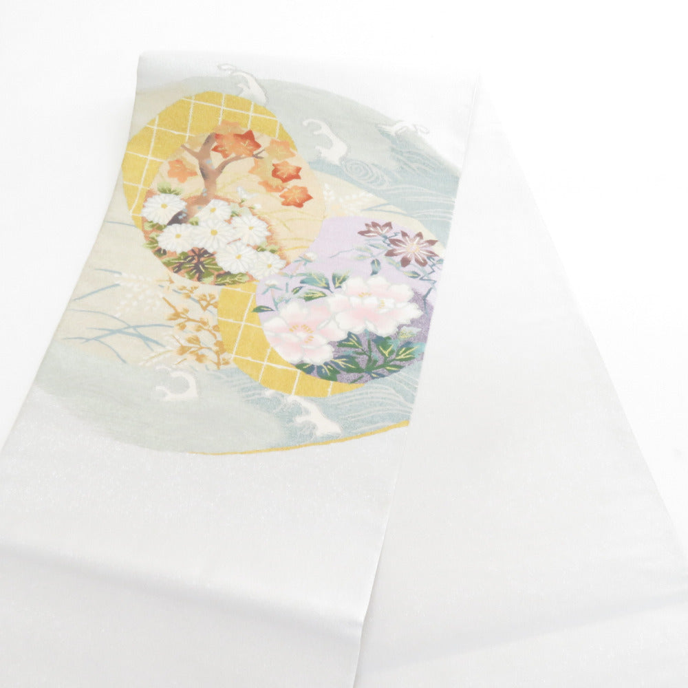 袋帯 綴れ織り お太鼓柄 波に季節の花々紋様 金糸x銀糸