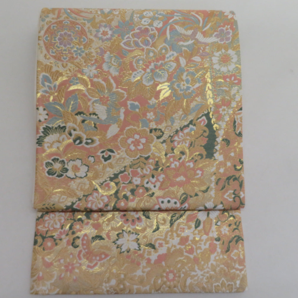 袋帯 鳳凰に花々模様 金糸 ゴールドx緑x多色 六通柄 正絹 仕立て