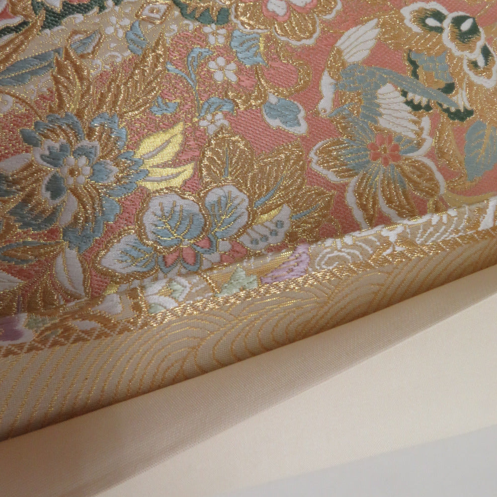 袋帯 鳳凰に花々模様 金糸 ゴールドx緑x多色 六通柄 正絹 仕立て