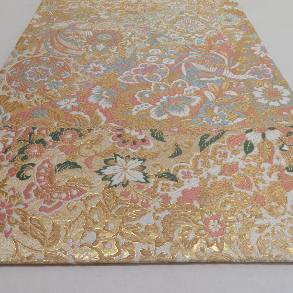 袋帯 鳳凰に花々模様 金糸 ゴールドx緑x多色 六通柄 正絹 仕立て