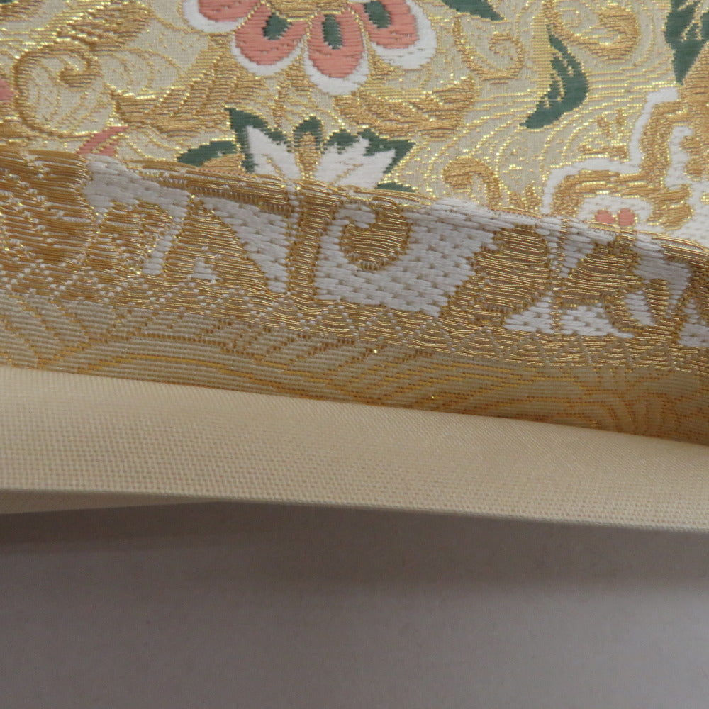 袋帯 鳳凰に花々模様 金糸 ゴールドx緑x多色 六通柄 正絹 仕立て