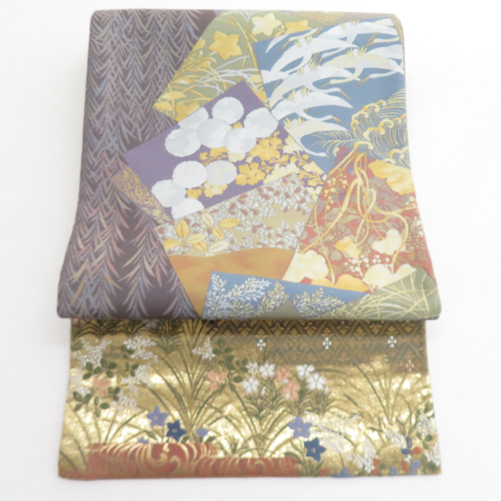 袋帯 切嵌模様 金糸銀糸 ゴールドｘ紫色ｘ多色 六通柄 正絹 仕立て上がり 着物帯 【キモノオフ野々市若松店】 袋帯 切嵌模様 金糸銀糸 ゴールドx紫色x多色 六通柄 正絹 仕立て