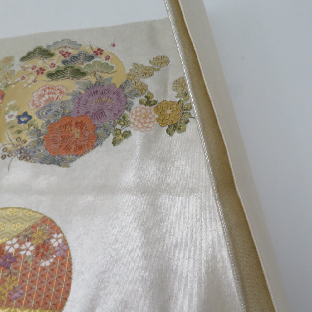 袋帯 西陣織 瀞銀錦 長嶋成織物 六通柄 金糸銀糸 御所車に吉祥模様