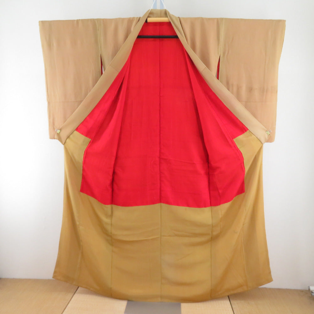 色留袖 アンティーク 色留袖 袷 バチ衿 薄茶色xクリーム色x緑色x