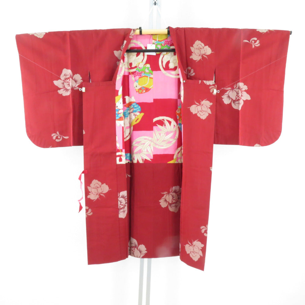 着物コート アンティーク 昔道行 絹 赤色 薔薇模様 レトロ【中古