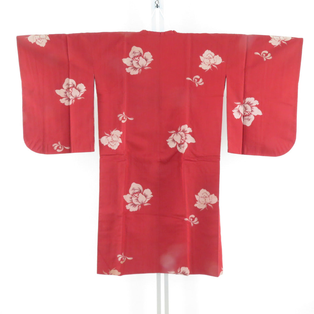 着物コート アンティーク 昔道行 絹 赤色 薔薇模様 レトロ【中古