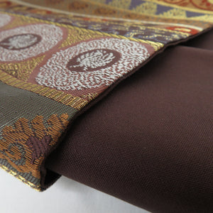 Nagoya obi horizontal striped weaving Purple Brown six -handed gold thread pure silk tailoring kimono length 355cm beautiful goods