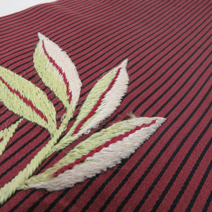 名古屋帯 アンティーク 刺繍入り 縞に扇子や桜紋様 エンジ色ｘ多色 お太鼓柄 昔名古屋帯 絹 昔帯 名古屋帯仕立て 大正ロマン  長さ345cm