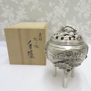 骨董・民芸品 高岡銅器 瑞雲 吉祥松竹梅 香爐 香炉 三つ足 銀メッキ 共箱有