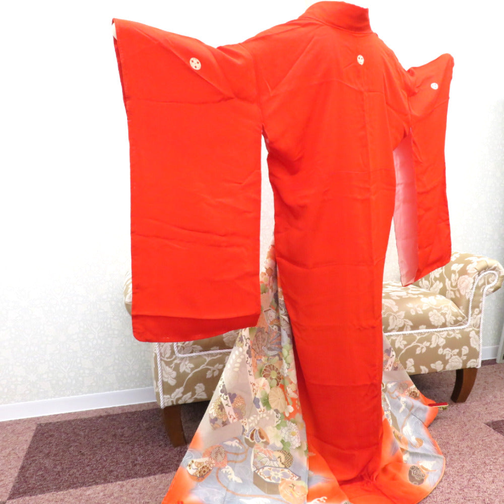 色留袖 アンティーク 昔着物 汚れ有 正絹 オレンジ 多色 貝桶 貝合わせ