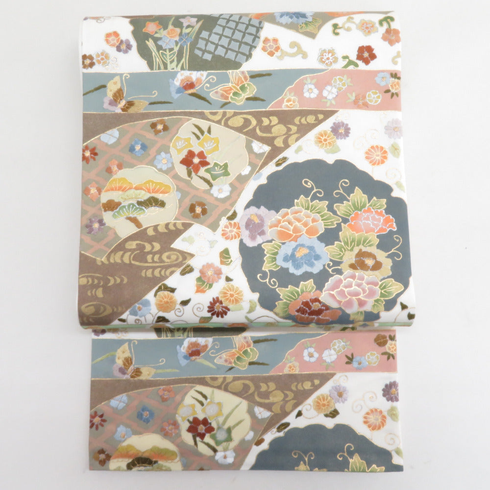 袋帯 雪輪に地紙文 刺繍入り 箔入り 白色x多色 六通柄 正絹 仕立て