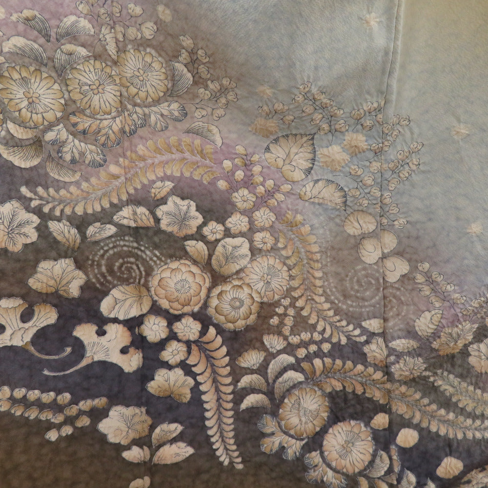 訪問着 辻が花 絞り 薄茶色x金茶色 ぼかし 身幅ゆったりサイズ 袷 広