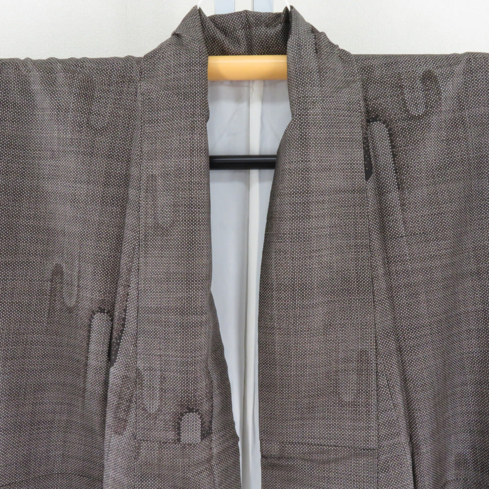 紬 着物 大島紬 縦霧模様 黒色x茶色 袷 正絹 広衿 カジュアル 仕立て