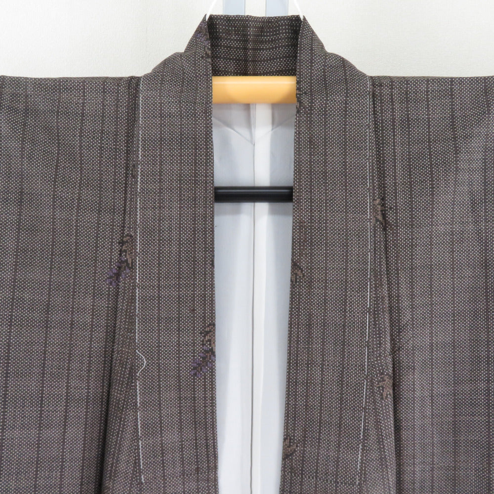 紬 着物 大島紬 縦縞に紅葉模様 茶色x紫色 袷 バチ衿 正絹 カジュアル