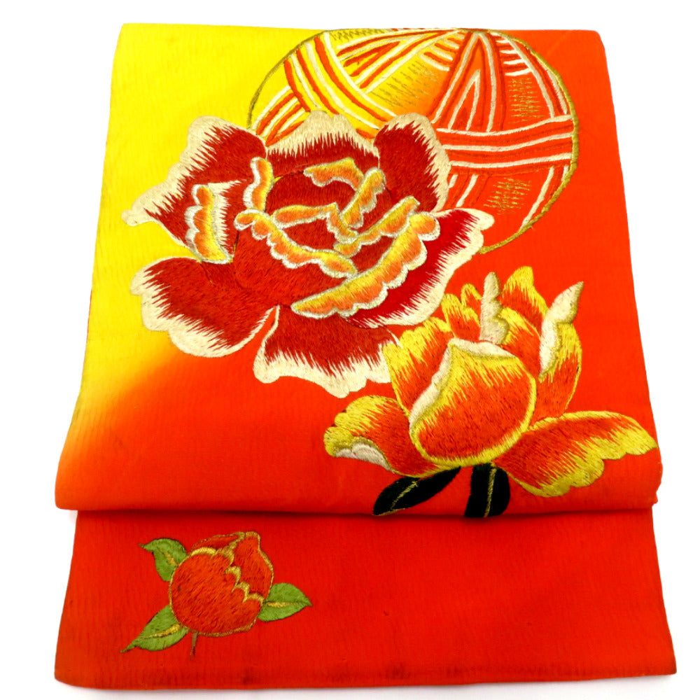 名古屋帯 アンティーク帯 昔名古屋帯 絹 薄黄ｘオレンジ 鈴文様 金コマ銀コマ刺繍 昔帯 レトロモダン 明治・大正ロマン 長さ375cm【中古】 名古屋帯 アンティーク帯 昔名古屋帯 絹 薄黄xオレンジ 鈴文様 金コマ