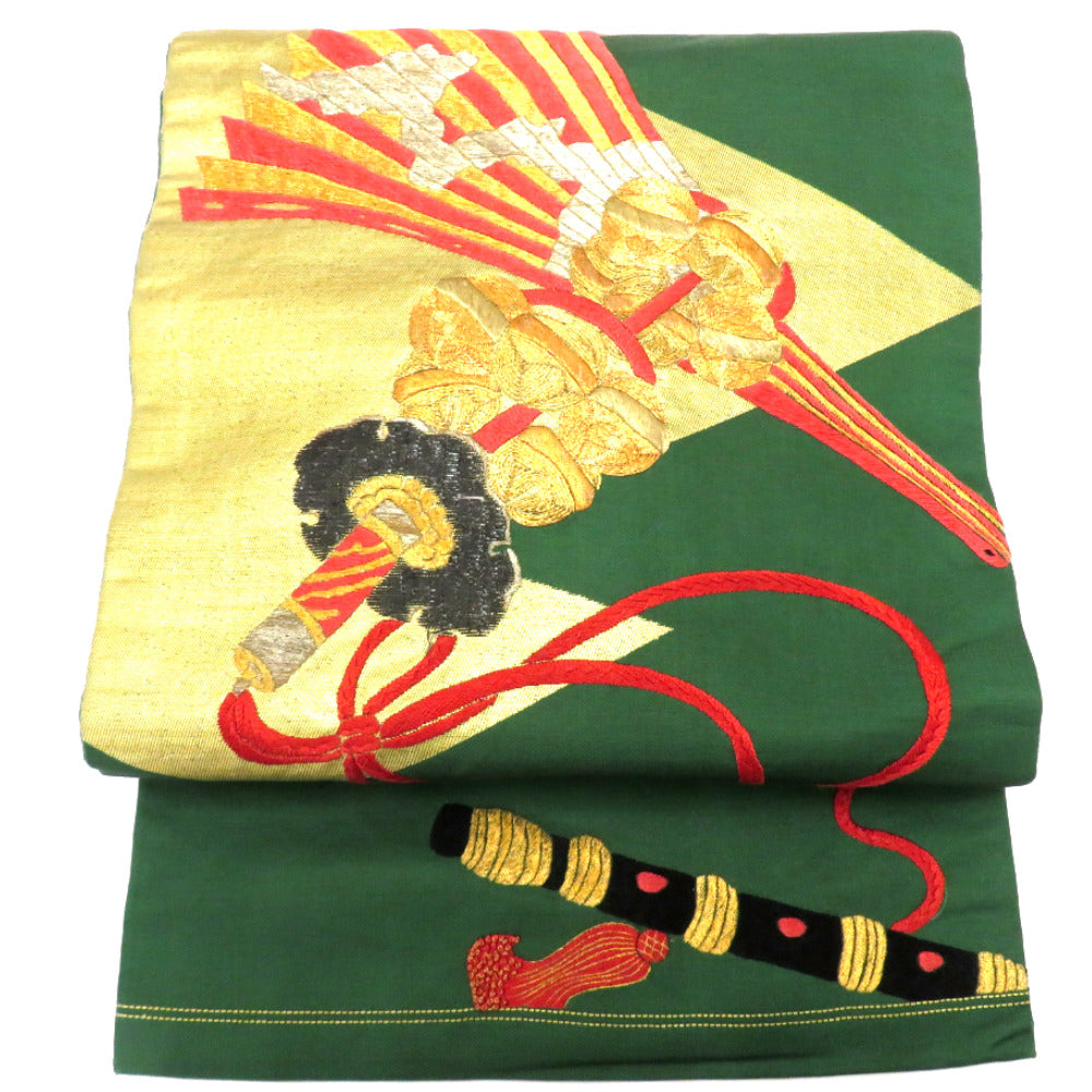 名古屋帯 アンティーク帯 昔名古屋帯 緑 金 渋オレンジ 黒 古典芸能 小道具 刺繍 金コマ刺繍 昔帯 九寸帯 レトロモダン 明治・大正ロマン  長さ341cm 【キモノオフ野々市若松店】 名古屋帯 アンティーク帯 昔名古屋帯 緑 金 渋オレンジ 黒 古典芸能