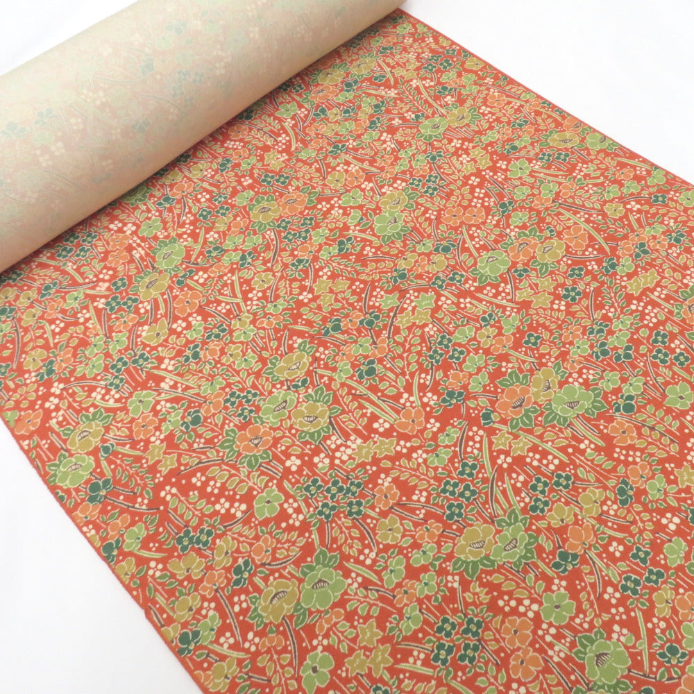 反物 加賀友禅 加賀染小紋 柴田勇作氏作 浜ちりめん 草花柄 朱色系