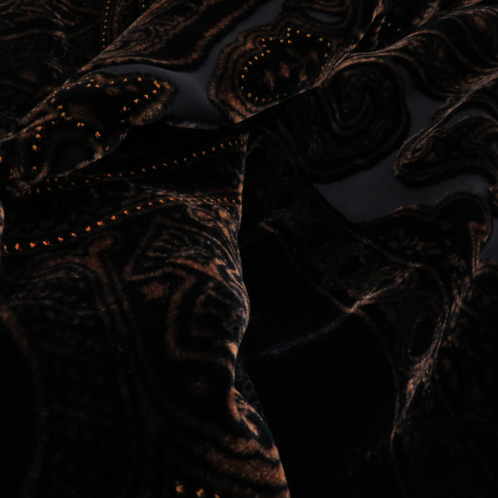 ショール ベルベットショール 更紗模様 黒x茶色 組成ベースシルク100