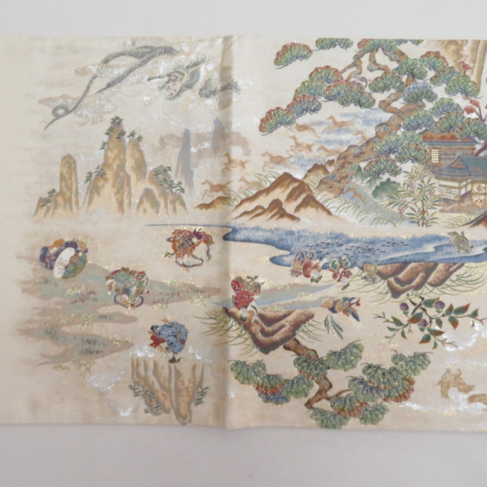 袋帯 正絹 昇運十福図文様 ベージュ色x多色 金糸銀糸 六通柄 壱千八百