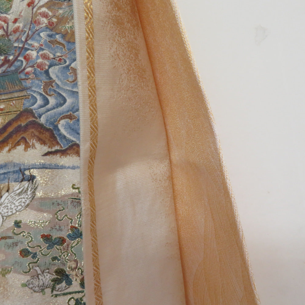 袋帯 正絹 昇運十福図文様 ベージュ色x多色 金糸銀糸 六通柄 壱千八百