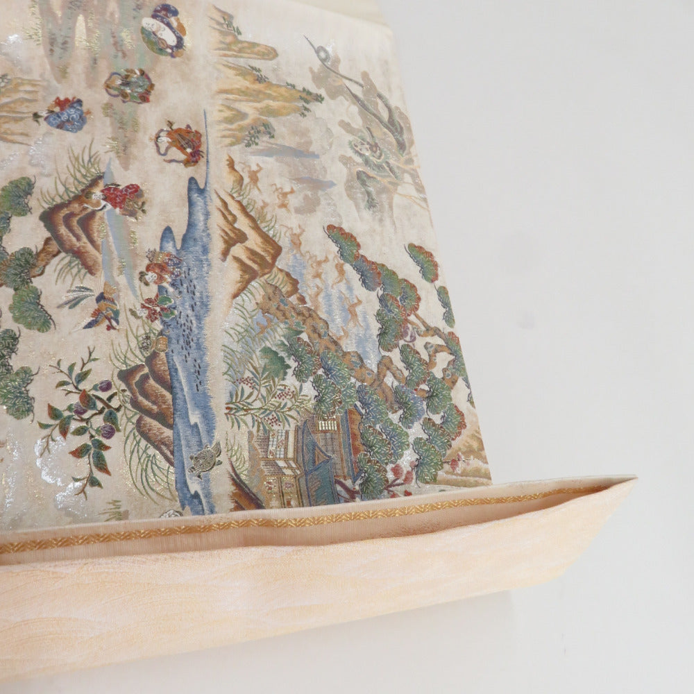 袋帯 正絹 昇運十福図文様 ベージュ色x多色 金糸銀糸 六通柄 壱千八百