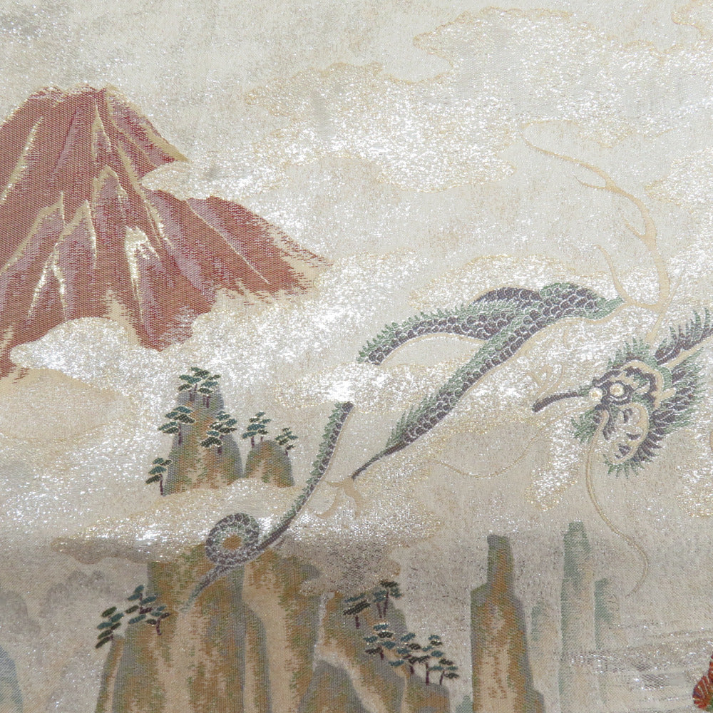 袋帯 正絹 昇運十福図文様 ベージュ色x多色 金糸銀糸 六通柄 壱千八百