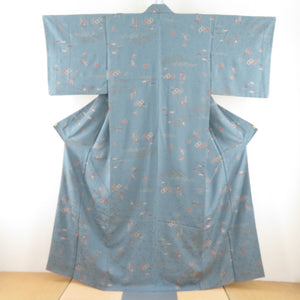 小紋 ブルーグレー 吉祥模様 地紋入り 袷 広衿 正絹 仕立て上がり着物 身丈158cm