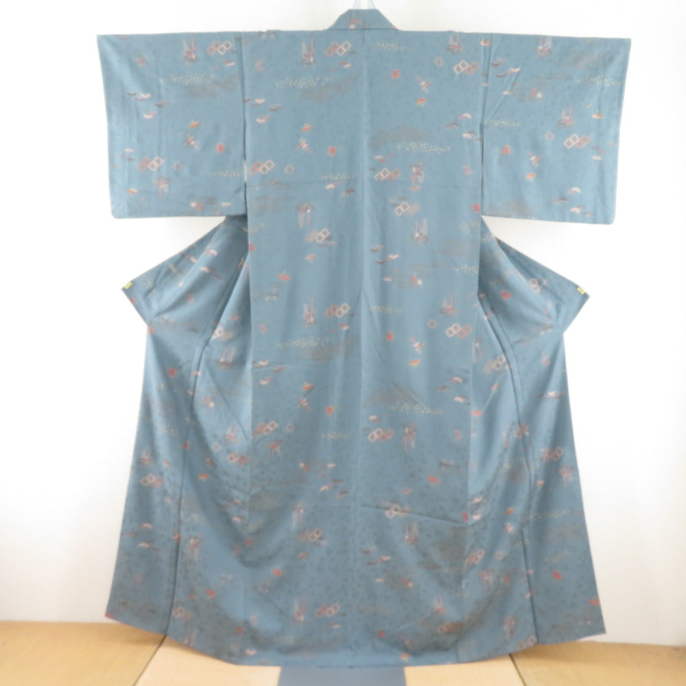 小紋 ブルーグレー 吉祥模様 地紋入り 袷 広衿 正絹 仕立て上がり着物 身丈158cm