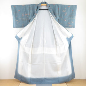 小紋 ブルーグレー 吉祥模様 地紋入り 袷 広衿 正絹 仕立て上がり着物 身丈158cm