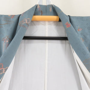 小紋 ブルーグレー 吉祥模様 地紋入り 袷 広衿 正絹 仕立て上がり着物 身丈158cm