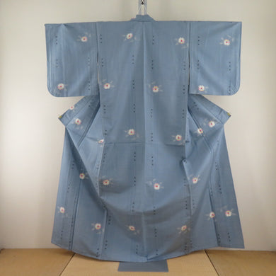 紬 着物 花に絣模様 水色ｘ白色ｘ多色 単衣 バチ衿 正絹 カジュアル 仕立て上がり 身丈160cm