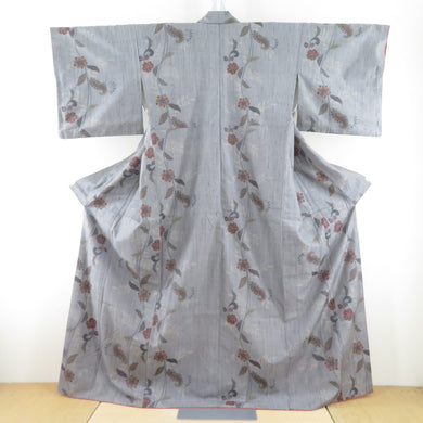 紬 着物 グレーｘオレンジ 花草模様 袷 広衿 正絹 仕立て上がり着物 身丈164cm