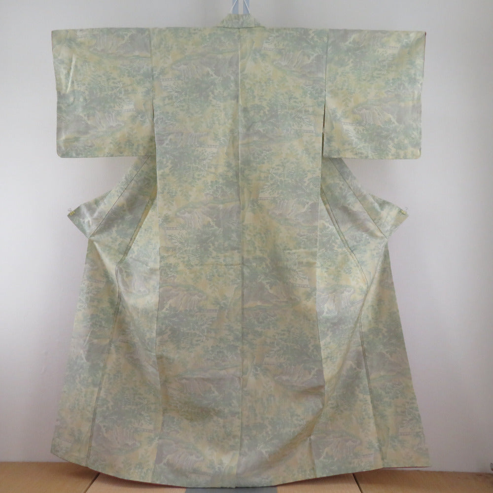 紬 着物 黄色ｘ緑 風景模様 袷 広衿 正絹 仕立て上がり着物 身丈158cm 【キモノオフ野々市若松店】 紬 着物 黄色x緑 風景模様 袷 広衿 正絹 仕立て上がり着物【中古