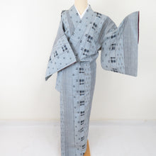 Load image into Gallery viewer, Tsumugi kimono Kasuri pattern vertical striped lined brown collar blue gray gray pure silk casual kimono tailoring