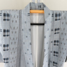 Load image into Gallery viewer, Tsumugi kimono Kasuri pattern vertical striped lined brown collar blue gray gray pure silk casual kimono tailoring