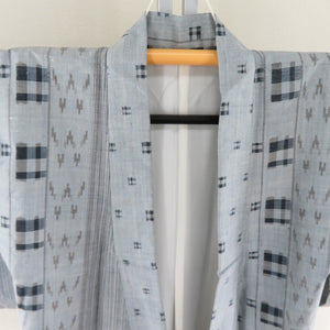 Tsumugi kimono Kasuri pattern vertical striped lined brown collar blue gray gray pure silk casual kimono tailoring