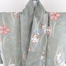 Load image into Gallery viewer, Komon dyed pongee cherry blossoms Fujibun Pure silk gray green lined lined lined lined lined collar casual kimono 159cm beautiful goods