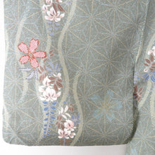 Load image into Gallery viewer, Komon dyed pongee cherry blossoms Fujibun Pure silk gray green lined lined lined lined lined collar casual kimono 159cm beautiful goods