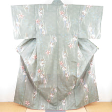 Load image into Gallery viewer, Komon dyed pongee cherry blossoms Fujibun Pure silk gray green lined lined lined lined lined collar casual kimono 159cm beautiful goods