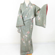 Load image into Gallery viewer, Komon dyed pongee cherry blossoms Fujibun Pure silk gray green lined lined lined lined lined collar casual kimono 159cm beautiful goods